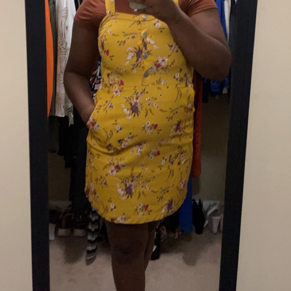 Yellow floral print denim dress